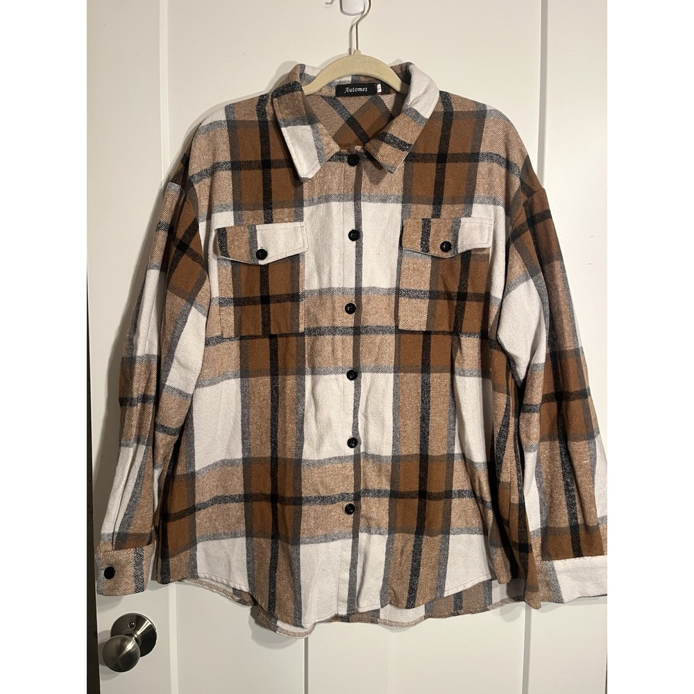 Automet Womens L Plaid Shacket Button Front Overshirt Brown Cream Shirt Jacket
